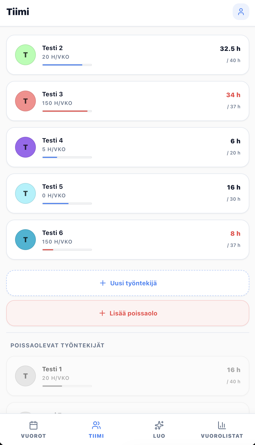 VuoroPro puhelinnäkymä