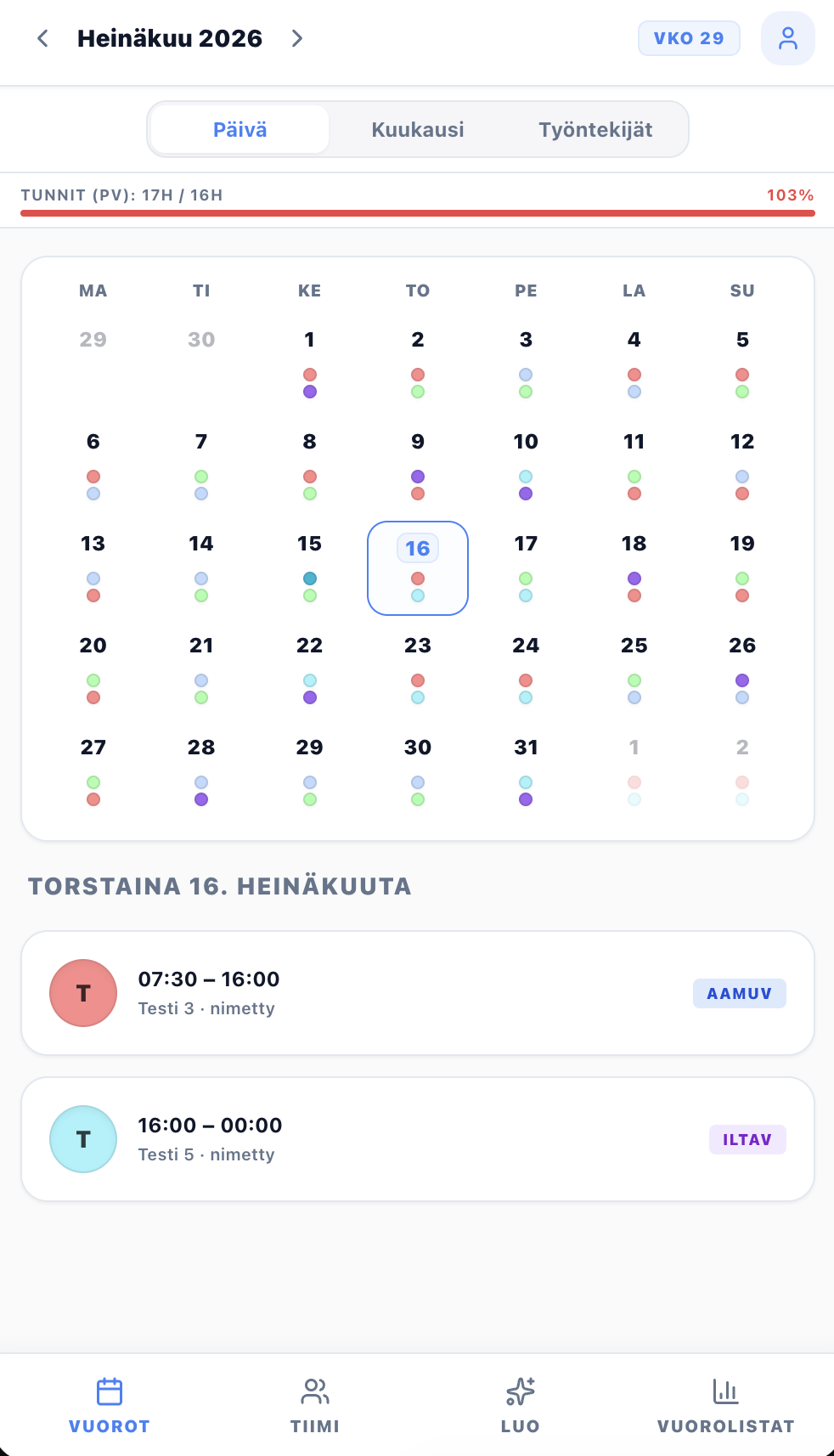 VuoroPro puhelinnäkymä